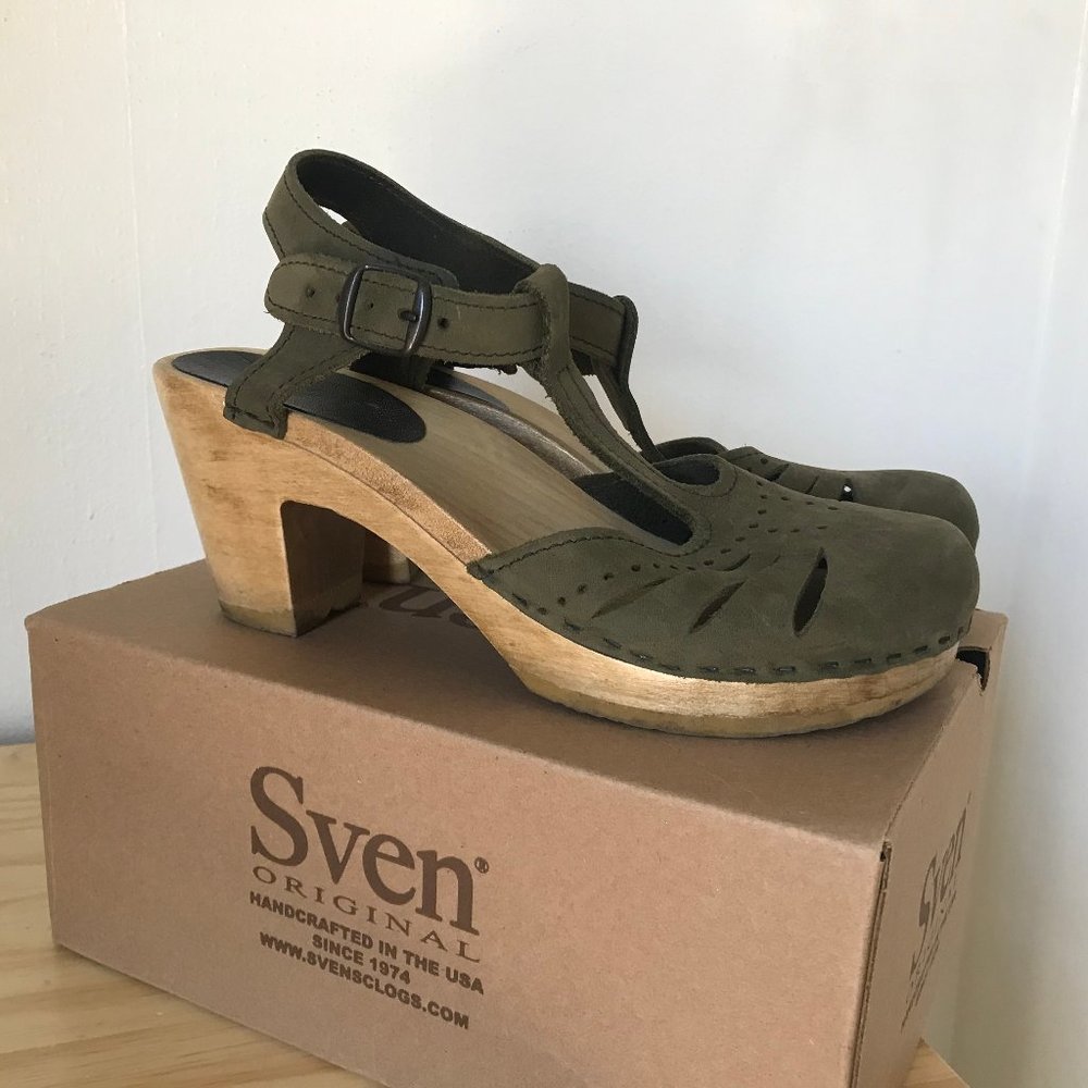 Sven Original Olive Nubuck Leather T-Strap Clogs
